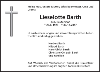 Traueranzeige von Lieselotte Barth von Trauerportal Rhein Main Presse