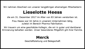 Traueranzeige von Lieselotte Heess von Trauerportal Rhein Main Presse