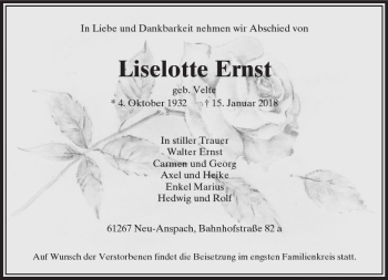 Traueranzeige von Liselotte Ernst von  Usinger Anzeiger Traueranzeige von Liselotte Ernst von  Usinger Anzeiger