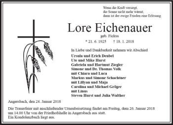 Traueranzeige von Lore Eichenauer von VRM Trauer