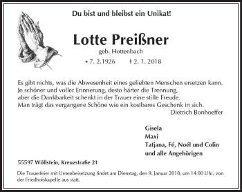 Traueranzeige von Lotte Preißner von Trauerportal Rhein Main Presse