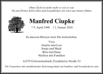 Traueranzeige von Manfred Ciupke von  Usinger Anzeiger