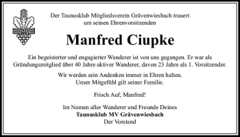 Traueranzeige von Manfred Ciupke von  Usinger Anzeiger
