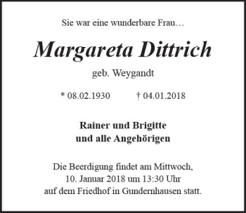 Traueranzeige von Margareta Dittrich von Trauerportal Rhein Main Presse