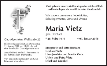 Traueranzeige von Maria Vietz von Trauerportal Rhein Main Presse