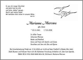 Traueranzeige von Marianne Mierswa von Trauerportal Rhein Main Presse