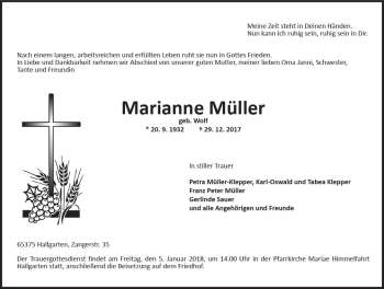 Traueranzeige von Marianne Müller von Trauerportal Rhein Main Presse