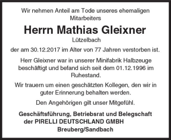 Traueranzeige von Mathias Gleixner von Trauerportal Rhein Main Presse