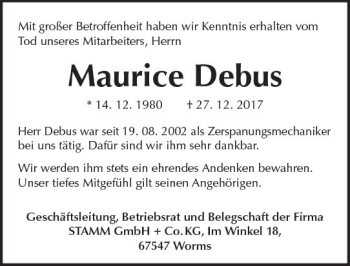 Traueranzeige von Maurice Debus von Trauerportal Rhein Main Presse