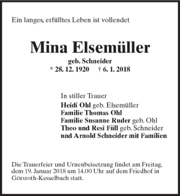 Traueranzeige von Mina Elsemüller von Trauerportal Rhein Main Presse