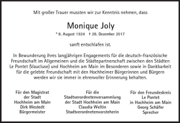 Traueranzeige von Monique Joly von Trauerportal Rhein Main Presse