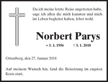 Traueranzeige von Norbert Parys von  Kreisanzeiger