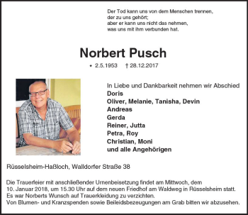 Traueranzeige von Norbert Pusch von Trauerportal Rhein Main Presse