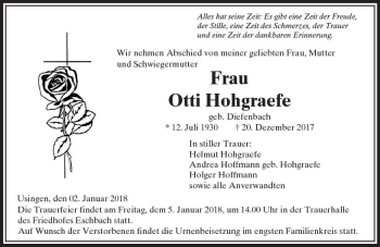 Traueranzeige von Otti Hohgraefe von  Usinger Anzeiger