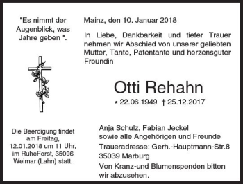 Traueranzeige von Otti Rehahn von Trauerportal Rhein Main Presse