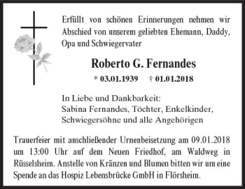 Traueranzeige von Roberto G. Fernandes von Trauerportal Rhein Main Presse