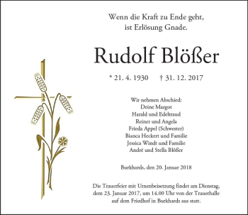 Traueranzeige von Rudolf Blößer von  Kreisanzeiger