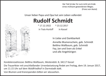 Traueranzeige von Rudolf Schmidt von Trauerportal Rhein Main Presse