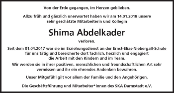 Traueranzeige von Shima Abdelkader von Trauerportal Rhein Main Presse