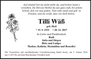 Traueranzeige von Tilli Wäß von Trauerportal Echo Online