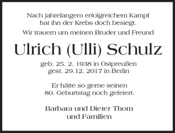 Traueranzeige von Ulrich Schulz von Trauerportal Rhein Main Presse