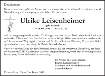 Traueranzeige von Ulrike Leisenheimer von Trauerportal Rhein Main Presse