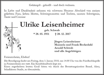Traueranzeige von Ulrike Leisenheimer von Trauerportal Rhein Main Presse