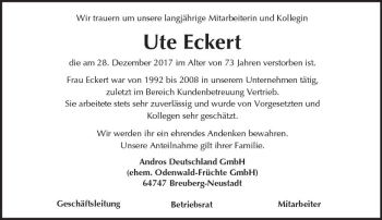 Traueranzeige von Ute Eckert von Trauerportal Rhein Main Presse