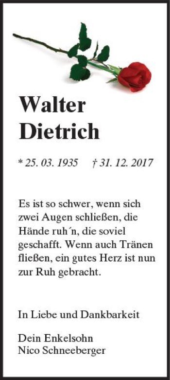 Traueranzeige von Walter Dietrich von  Kreisanzeiger