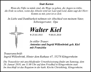 Traueranzeige von Walter Kiel von Trauerportal Rhein Main Presse