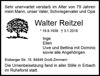 Traueranzeige von Walter Reitzel von Trauerportal Rhein Main Presse