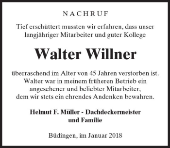 Traueranzeige von Walter Willner von  Kreisanzeiger
