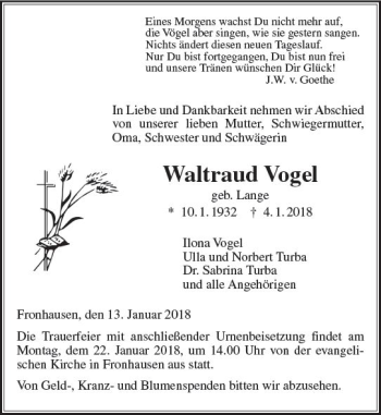 Traueranzeige von Waltraud Vogel von  Gießener Anzeiger