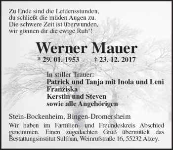 Traueranzeige von Werner Mauer von Trauerportal Rhein Main Presse