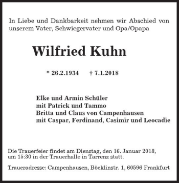 Traueranzeige von Wilfried Kuhn von Trauerportal Rhein Main Presse