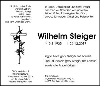 Traueranzeige von Wilhelm Steiger von Trauerportal Rhein Main Presse