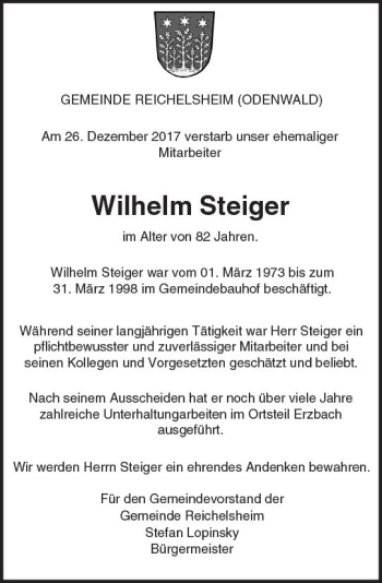 Traueranzeige von Wilhelm Steiger von Trauerportal Rhein Main Presse