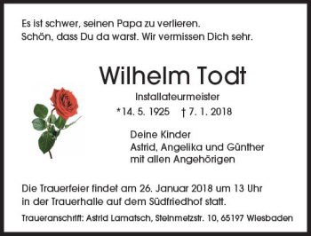 Traueranzeige von Wilhelm Todt von Trauerportal Rhein Main Presse