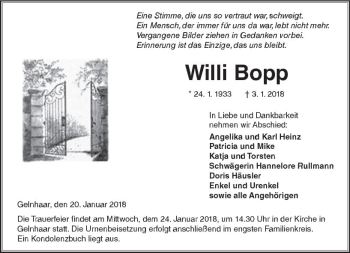 Traueranzeige von Willi Bopp von  Kreisanzeiger