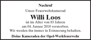 Traueranzeige von Willi Loos von Trauerportal Rhein Main Presse
