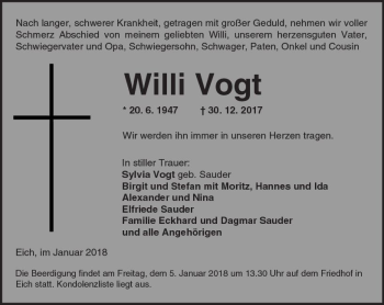 Traueranzeige von Willi Vogt von Trauerportal Rhein Main Presse