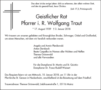 Traueranzeige von Wolfgang Traut von Trauerportal Rhein Main Presse