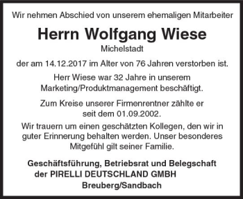 Traueranzeige von Wolfgang Wiese von Trauerportal Rhein Main Presse