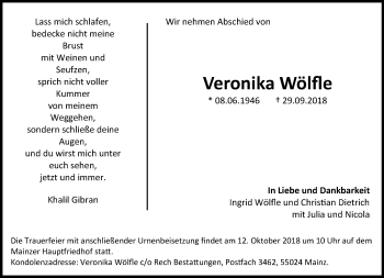 Traueranzeige von Veronika Wölfle von VRM Tageszeitungen