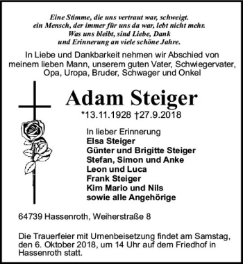Traueranzeige von Adam Steiger von vrm-trauer