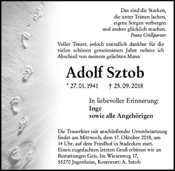 Traueranzeige von Adolf Sztob von vrm-trauer