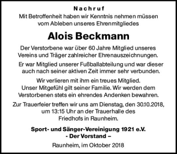 Traueranzeige von Alois Beckmann von vrm-trauer