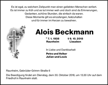 Traueranzeige von Alois Beckmann von vrm-trauer