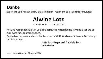 Traueranzeige von Alwine Lotz von  Kreisanzeiger