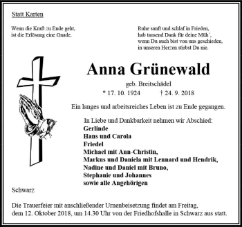 Traueranzeige von Anna Grünewald von VRM Trauer